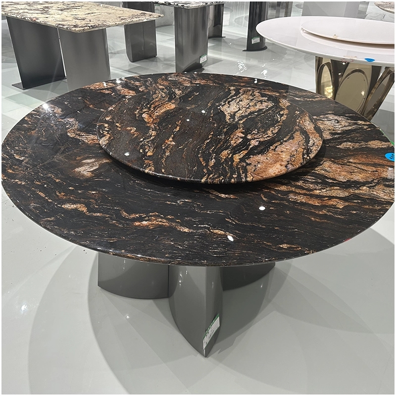 Dining Table Round Granite High Contrast Veined Stone Lazy Susan Luxury