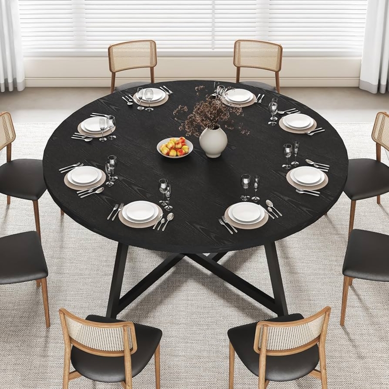 Dining Table Round Industrial Cross Leg Base with Cane Back Chairs