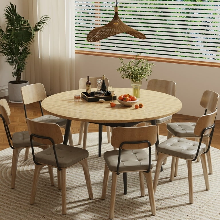 Dining Table Round Light Oak Extendable with Tufted Grey Chairs