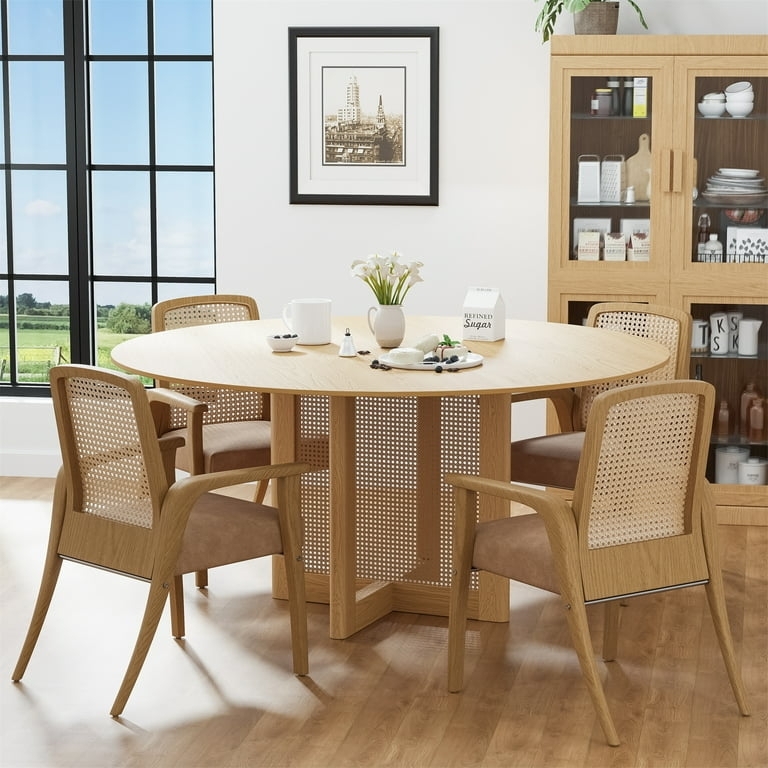 Dining Table Round Light Oak with Woven Cane Inlay Pedestal