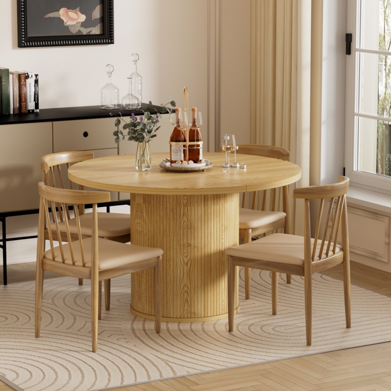 Dining Table Round Light Wood Extendable with Ribbed Pedestal Base