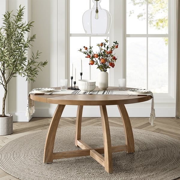 Dining Table Round Light Wood with Mid-Century Splayed X-Base