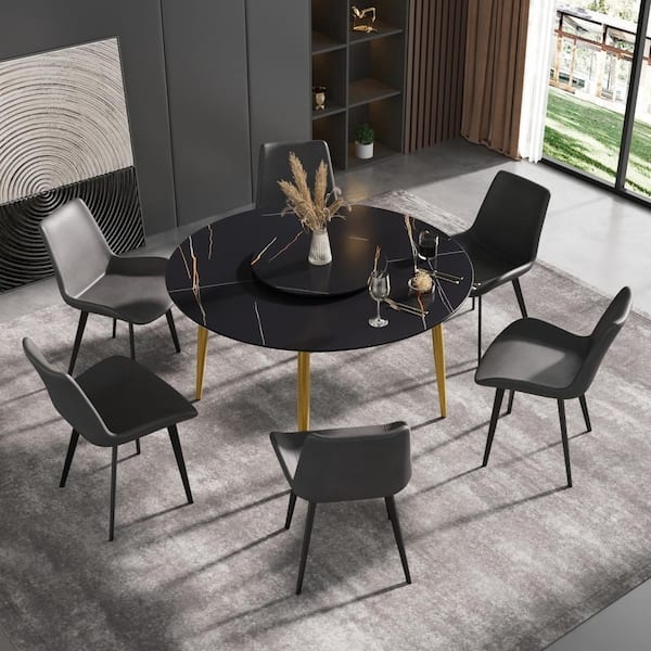 Dining Table Round Marble Pattern Rotating Center Lazy Susan