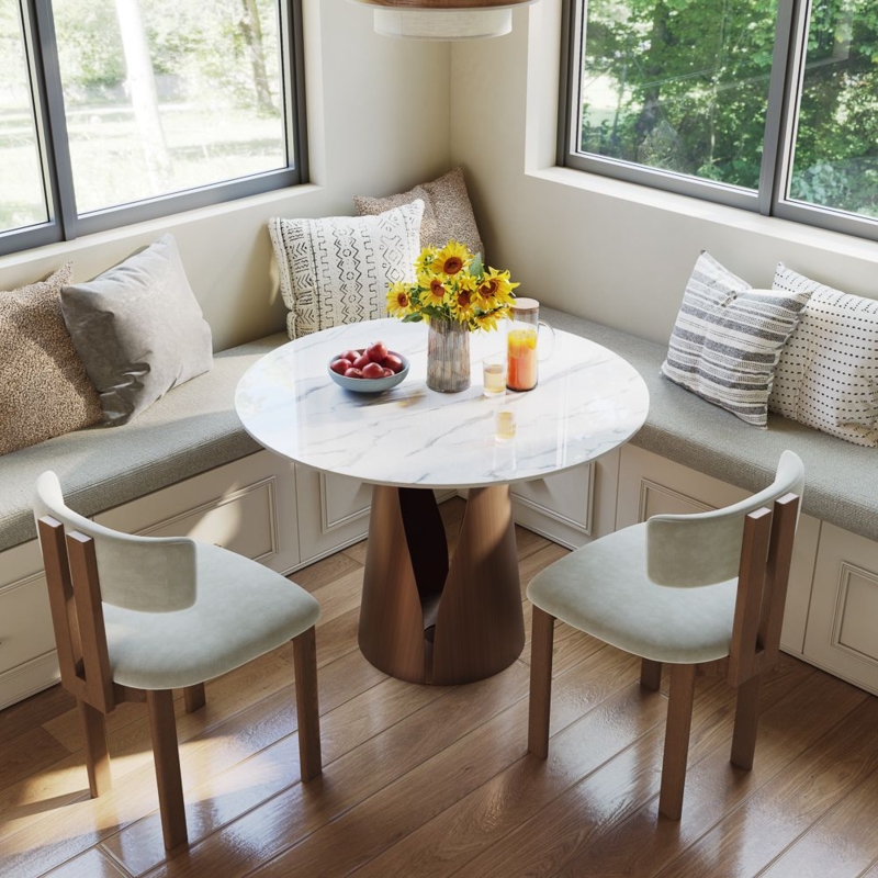 Dining Table Round Marbled Stone Top Sculptural Wood Base
