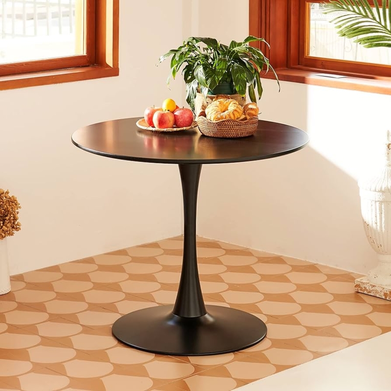 Dining Table Round Matte Black with Trumpet Base Mid Century Modern