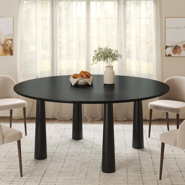 Dining Table Round Matte Black Wood Toned with Thick Conical Legs