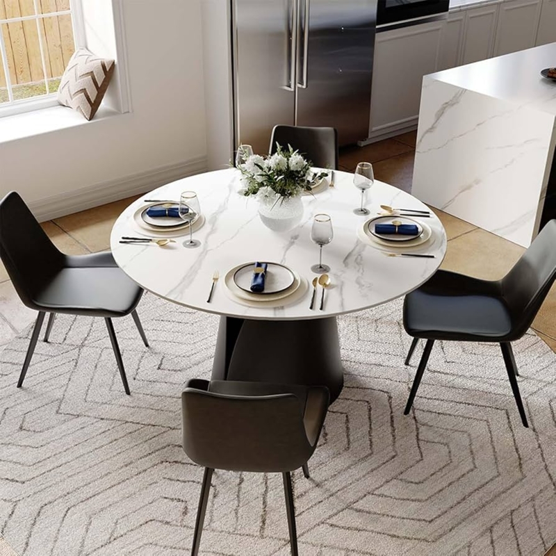 Dining Table Round Matte Finish White Stone Top Minimalist Pedestal Base