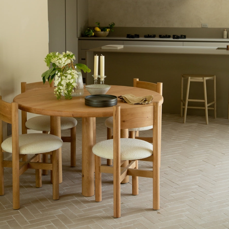 Dining Table Round Oak Thick Cylindrical Base Organic Modern