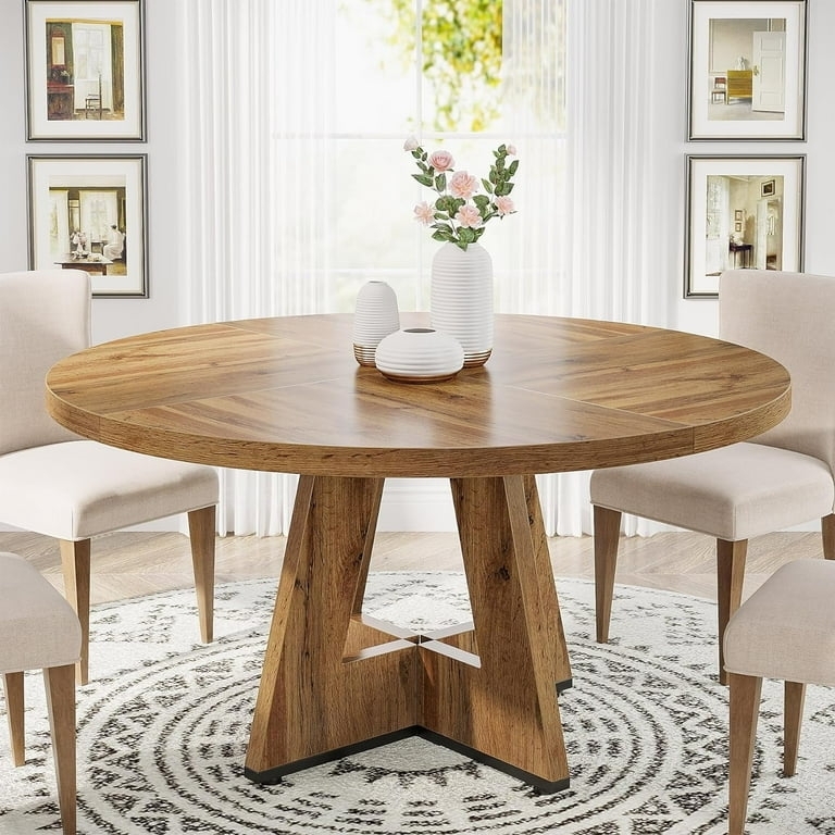 Dining Table Round Oak with Architectural Pedestal Base