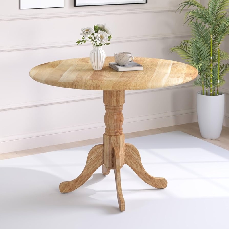 Dining Table Round Pedestal Turned Leg Curved Feet Wood Grain