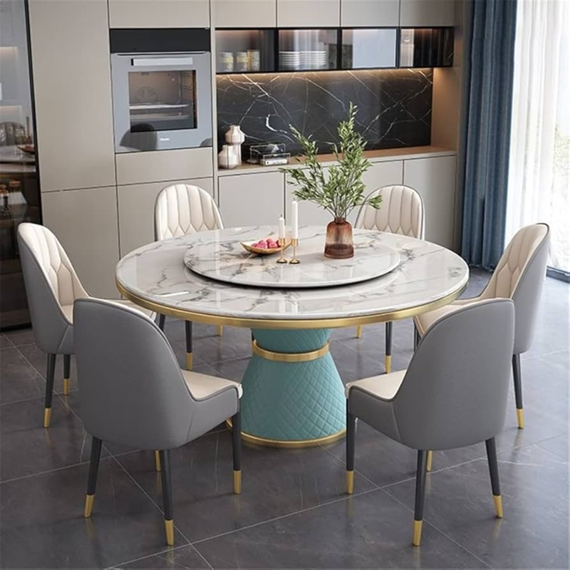 Dining Table Round Quilted Blue Base Marble Look Lazy Susan Gold Accent