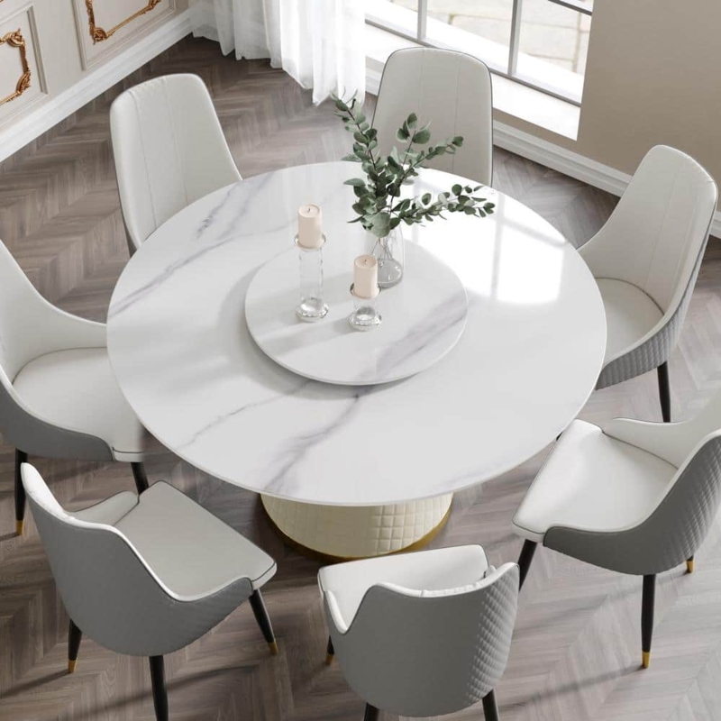 Dining Table Round Quilted Pedestal Base Lazy Susan Stone Like Top Glam