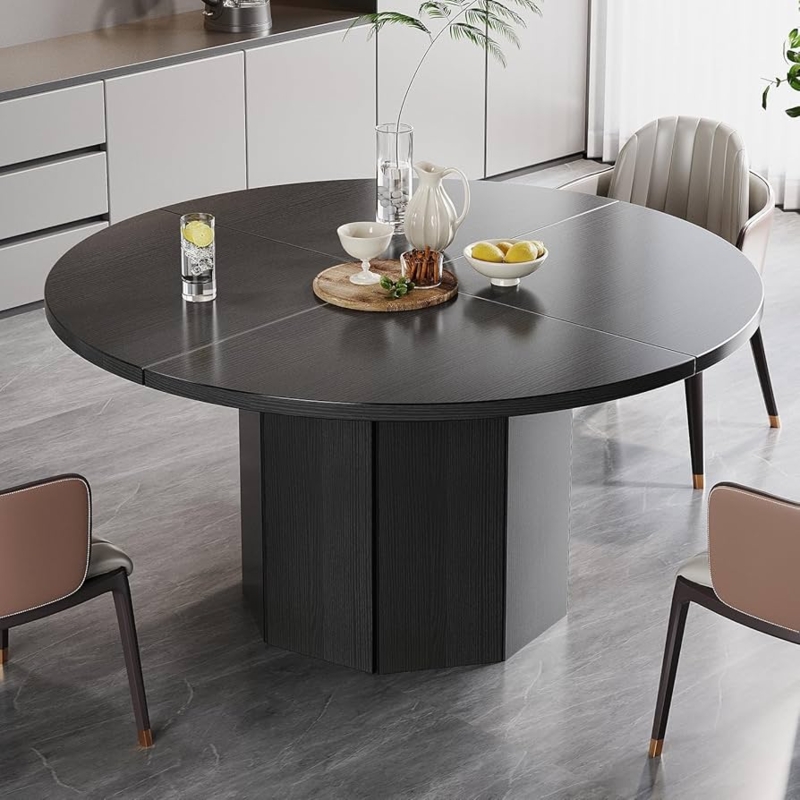 Dining Table Round Segmented Top Octagonal Pedestal Base Wood Grain