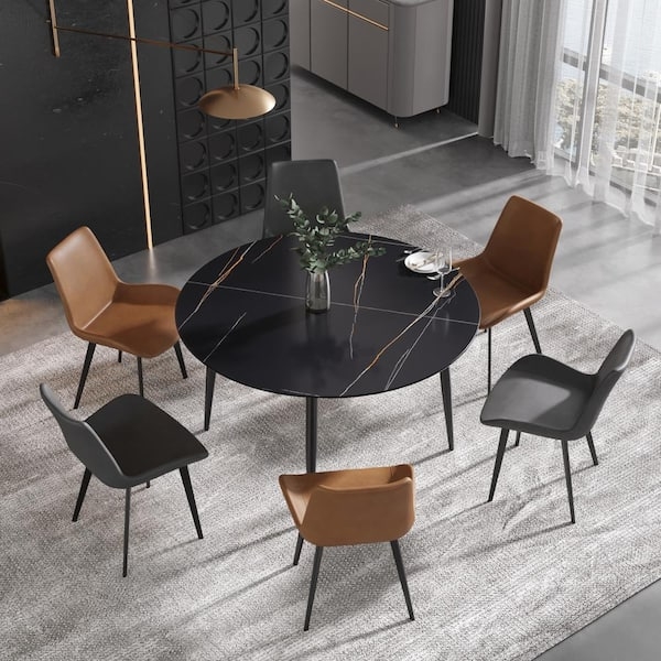 Dining Table Round Sintered Stone Look Slim Legs Mixed Chairs