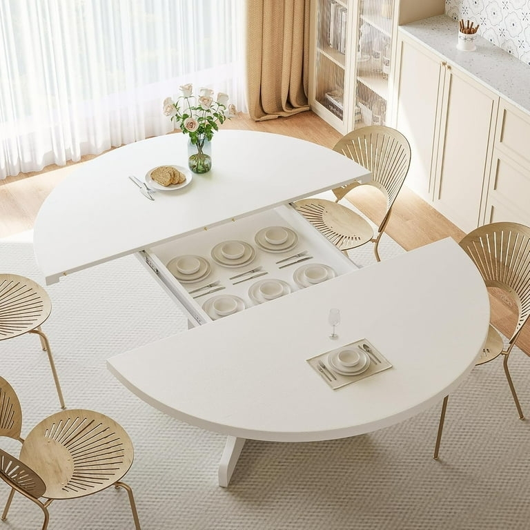 Dining Table Round to Oval Extendable Pedestal Base with Hidden Storage