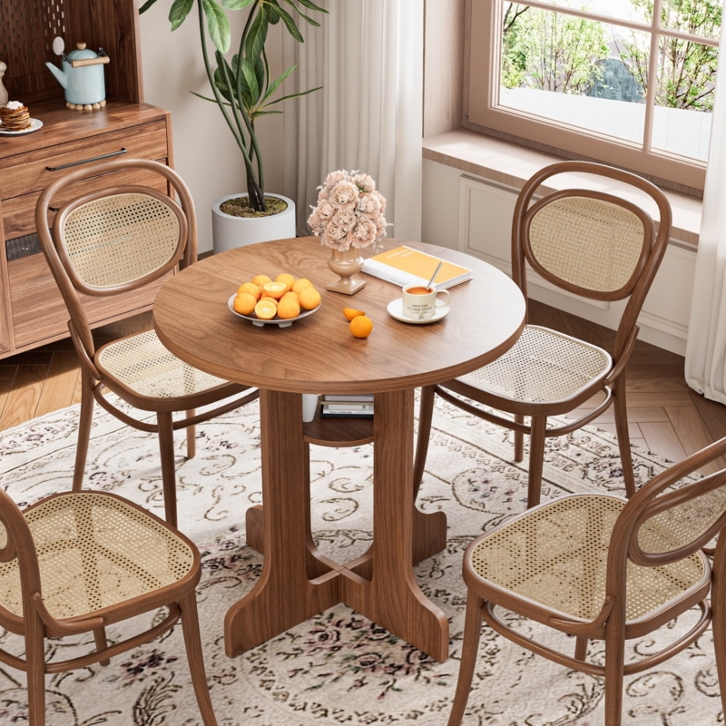 Dining Table Round Walnut Pedestal with Cane Back Chairs Bistro Set
