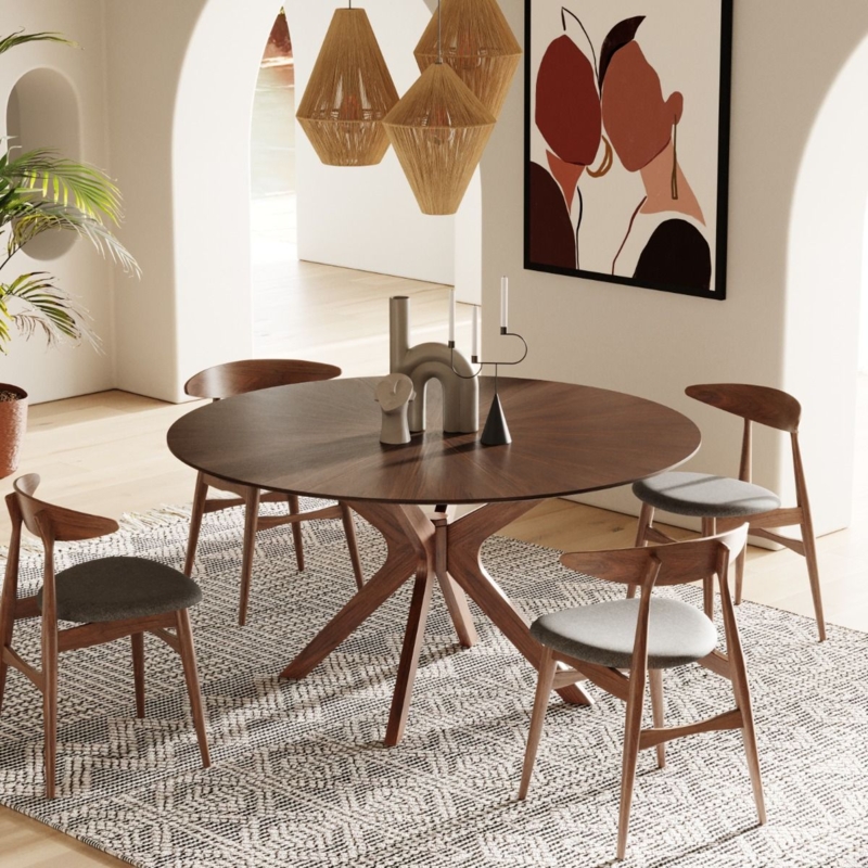 Dining Table Round Walnut with Sculptural Starburst Pedestal Base