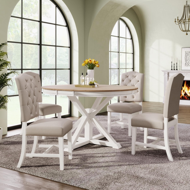 Dining Table Round White and Wood X-Base Pedestal Modern Farmhouse