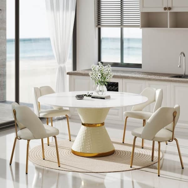 Dining Table Round White Sintered Stone Top with Quilted Pedestal Base