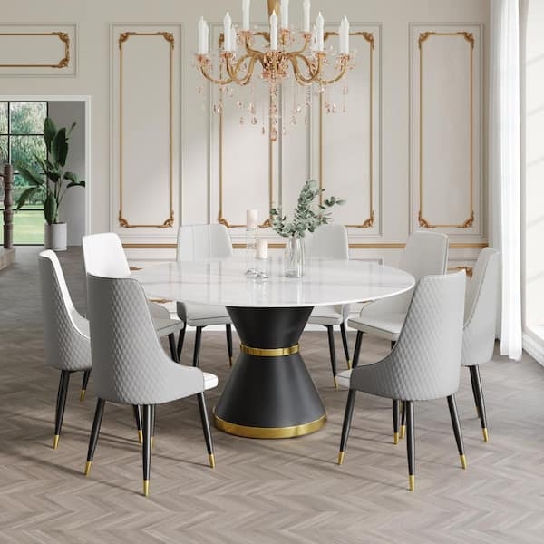 Dining Table Round White Top Black Hourglass Pedestal Quilted Chairs