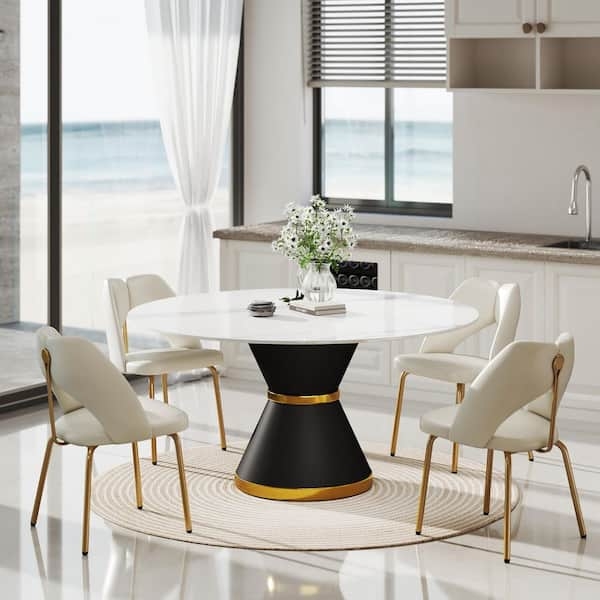 Dining Table Round White Top Black Sculptural Pedestal Gold Accents