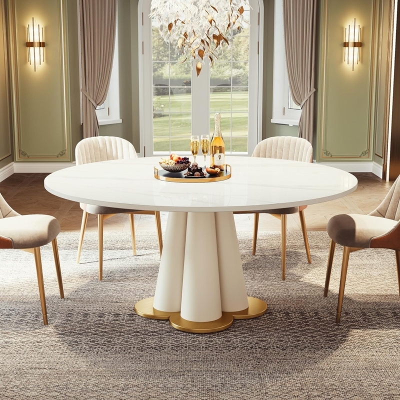 Dining Table Round White Top Sculptural Three Column Base Gold Details