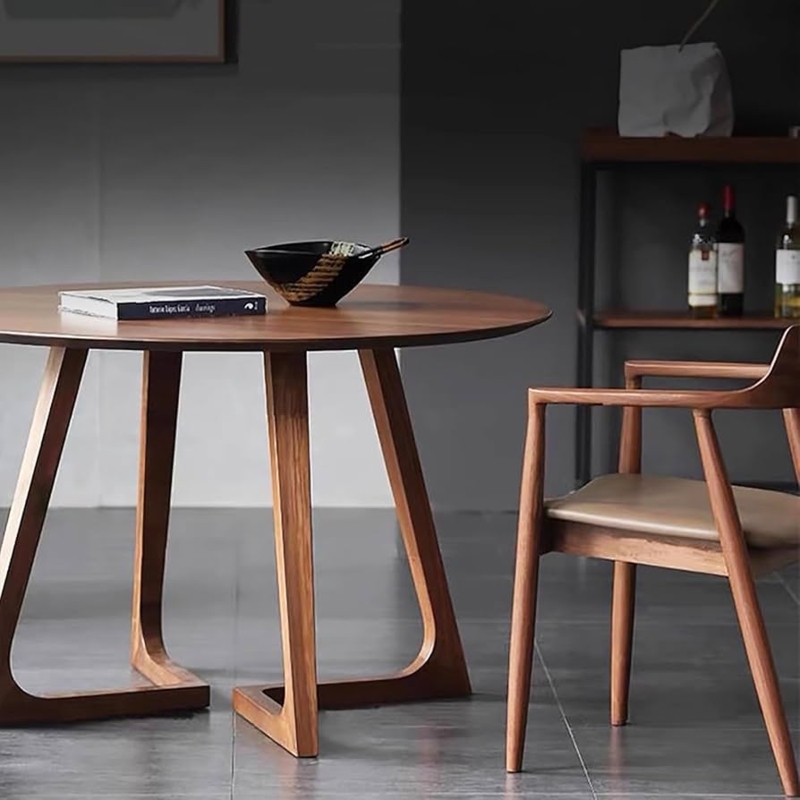 Dining Table Round Wood Geometric Pedestal Base Sculptural Frame