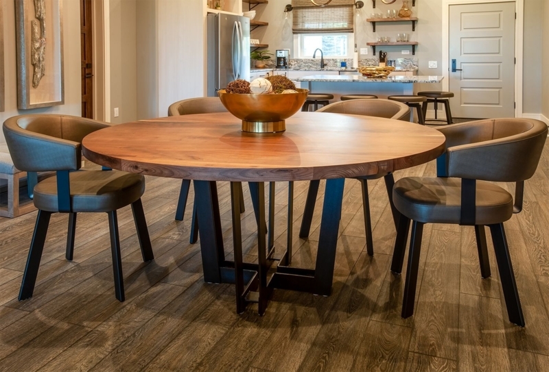 Dining Table Round Wood Thick Slab Top Geometric Metal Base