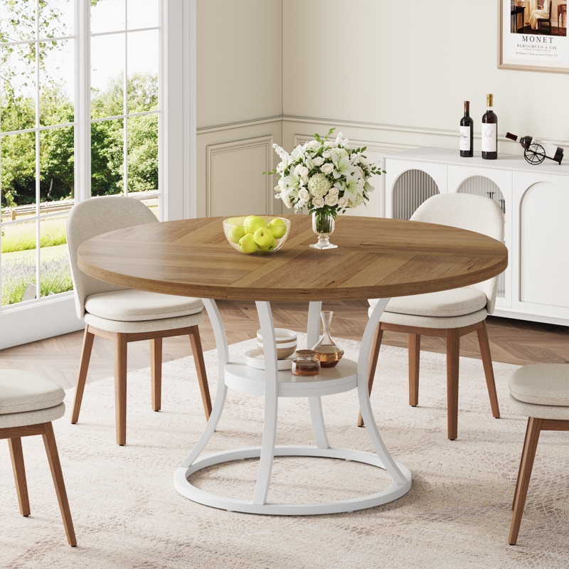 Dining Table Round Wood Top White Pedestal Storage
