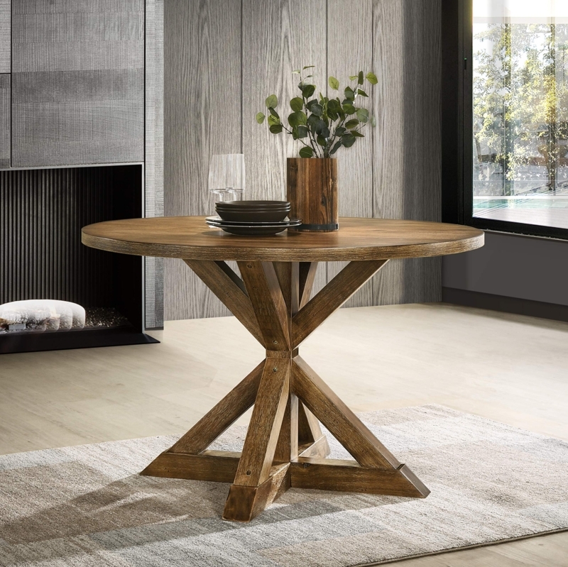 Dining Table Round Wood with Cross-Buck Base Rustic Farmhouse