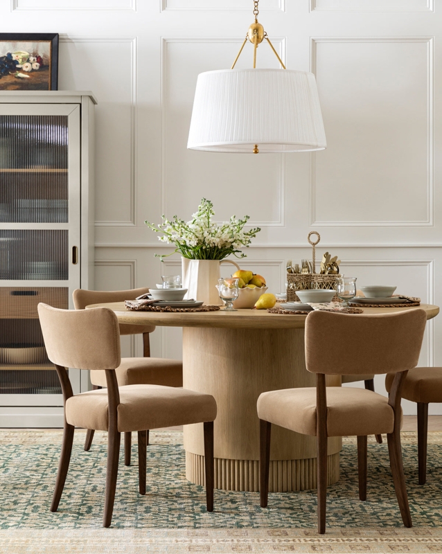 Dining Table Round Wood with Fluted Pedestal Base Detail