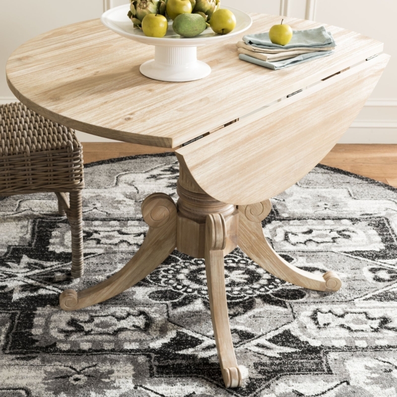 Dining Table, Rustic Natural Wood Drop Leaf, Scrolled Pedestal Base.
