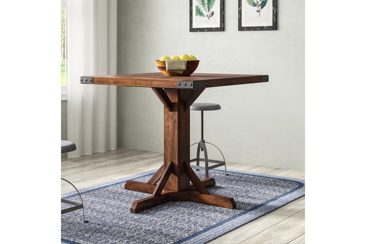 Dining Table Rustic Wood Pedestal with Metal Corner Brackets