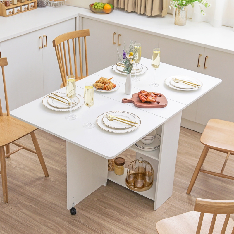 Dining Table Scandinavian Minimalist White Drop Leaf Built In Storage