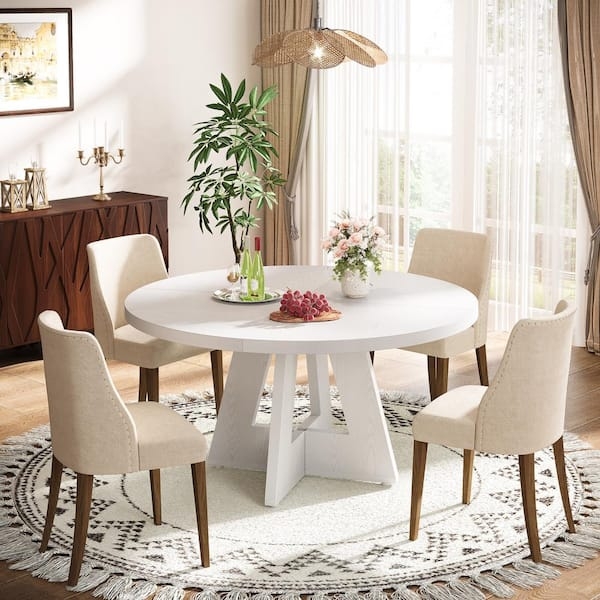 Dining Table Sculptural Pedestal Base White Round Wood Top Modern