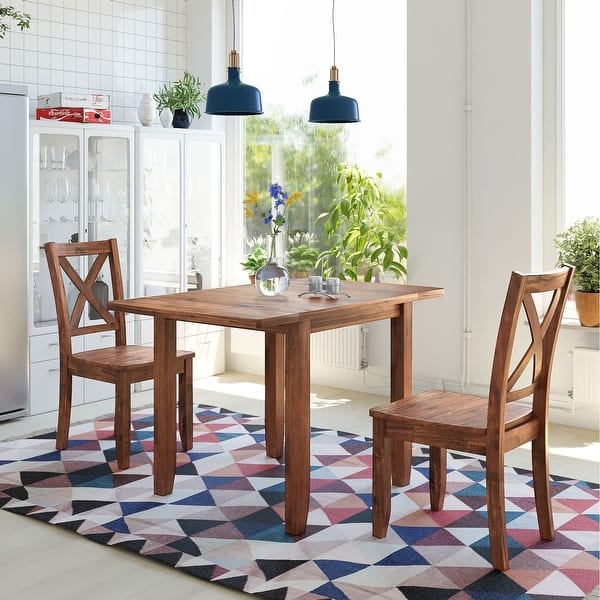 Dining Table Set 3-Piece Drop Leaf Brown Wood Toned Cross Back Chairs Small Space