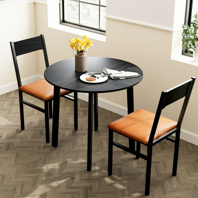 Dining Table Set 3-Piece Round Black Table Cognac Cushioned Chairs