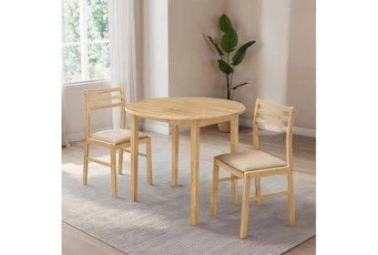 Dining Table Set 3 Piece Round Drop Leaf Natural Wood Slat Back Chairs