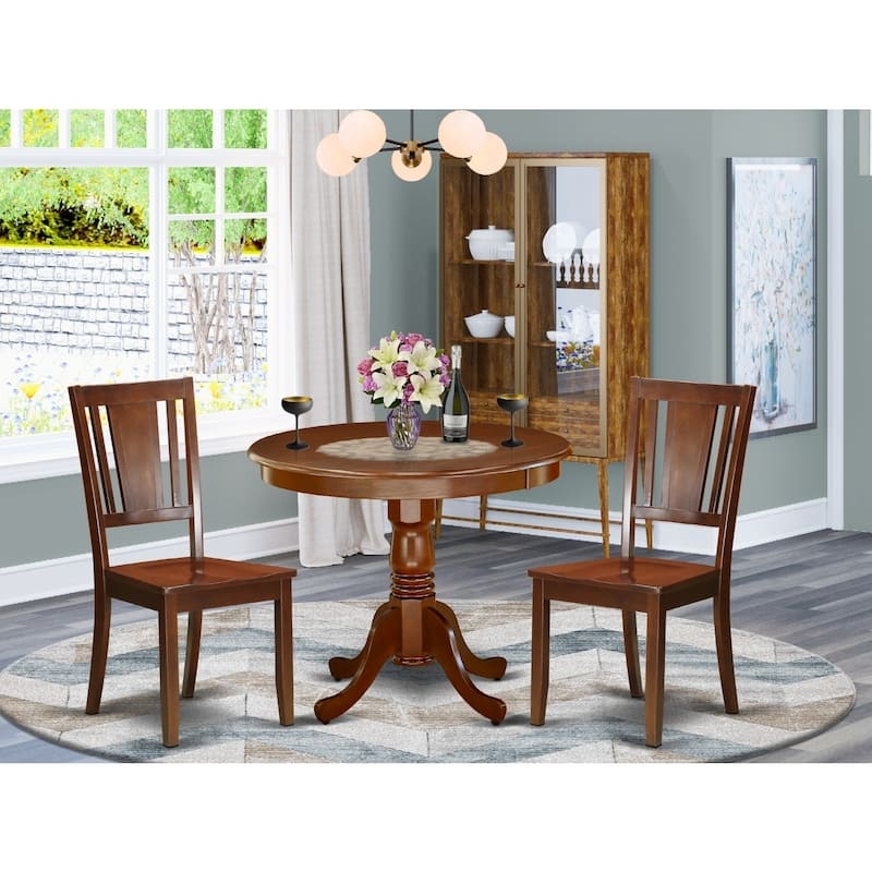Dining Table Set 3-Piece Round Pedestal Warm Wood Slat Back Chairs