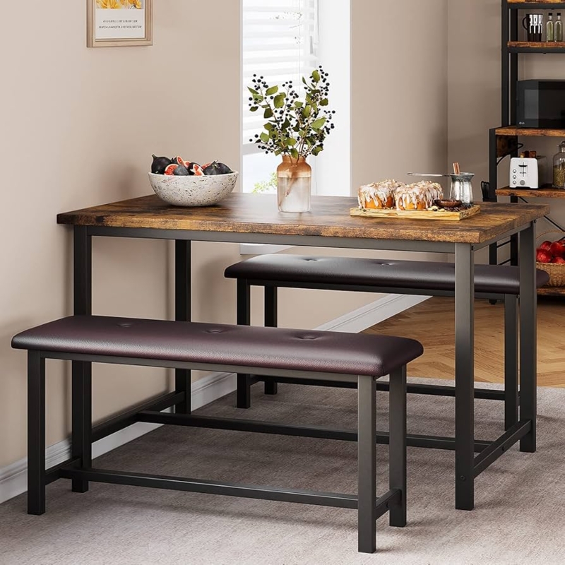 Dining Table Set 3 Piece, Upholstered Benches, Tufted Seats Industrial