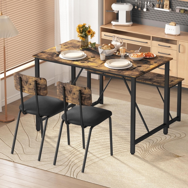 Dining Table Set 4-Piece Industrial Style with Bench Seating