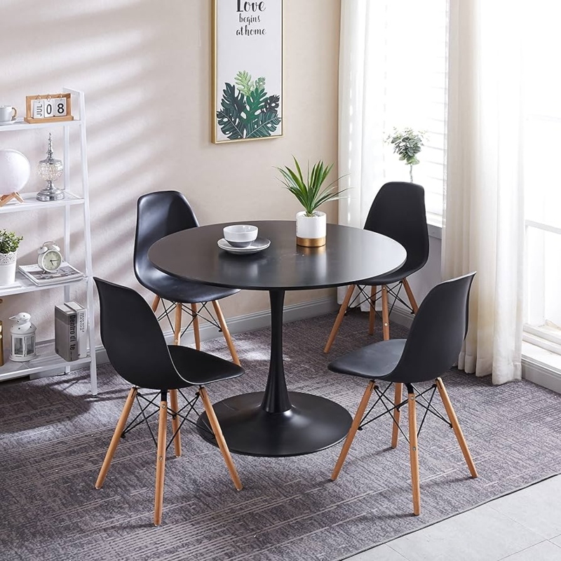 Dining Table Set 5-Piece Black Round Eiffel Style Chairs Mid-Century