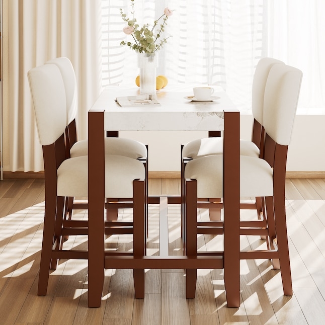 Dining Table Set 5-Piece Counter Height Faux Marble Top Cream