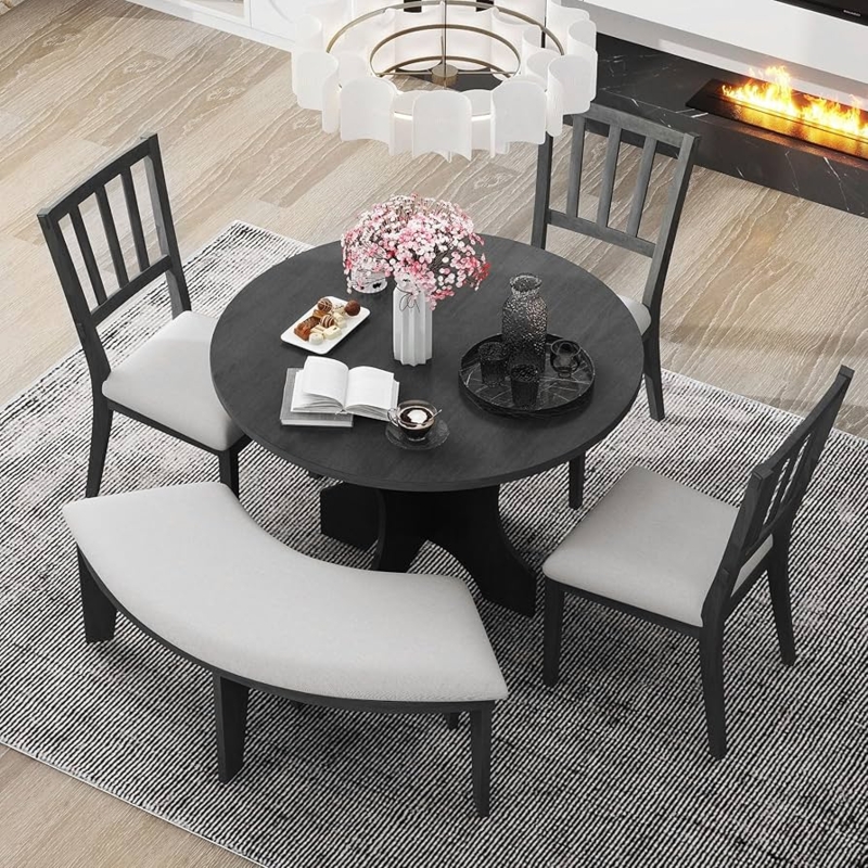 Dining Table Set 5 Piece Curved Bench Charcoal Grey