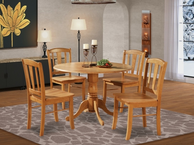 Dining Table Set 5 Piece Round Drop Leaf Light Oak Pedestal Slat Back