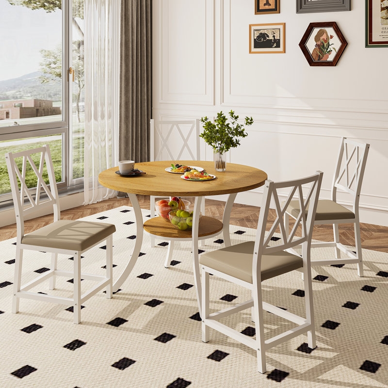 Dining Table Set 5-Piece Round With Storage Shelf And X-Back Chairs