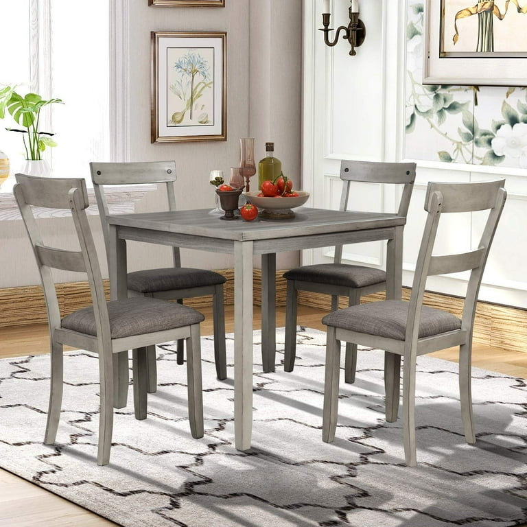 Dining Table Set 5-Piece Square Grey Wood Finish Ladder Back Chairs
