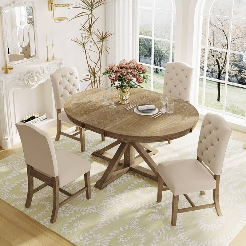 Dining Table Set 5-Piece Wood Wash Finish Button-Tufted Oval Trestle