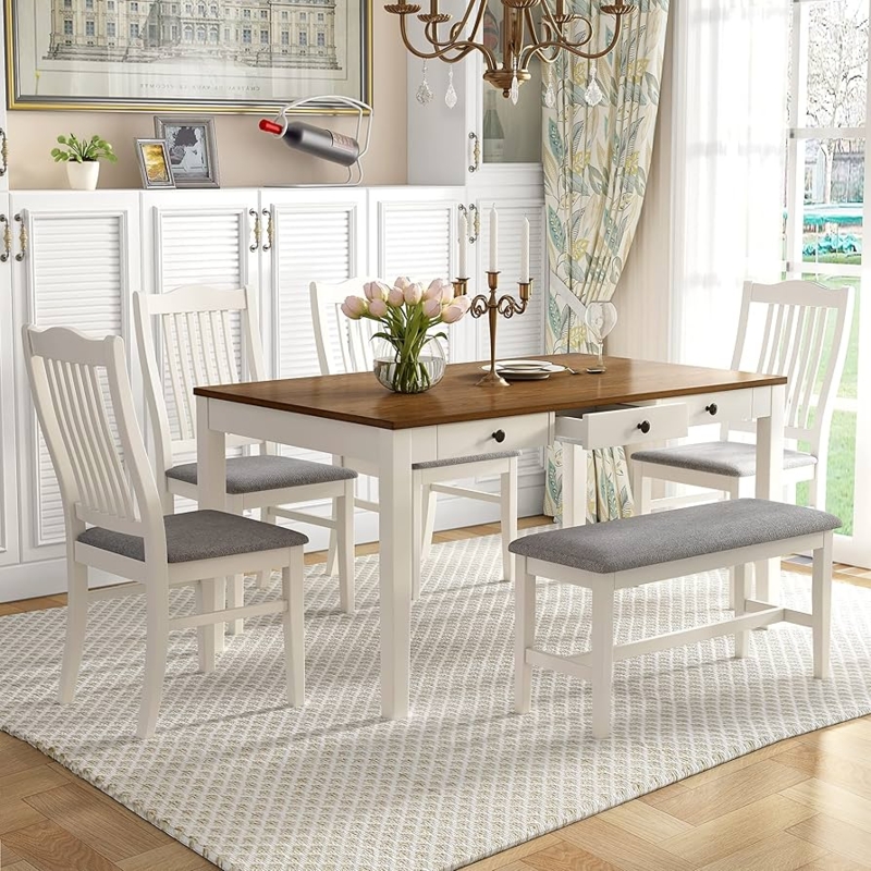 Dining Table Set 6-Piece Buttermilk Finish Built-In Drawers Bench