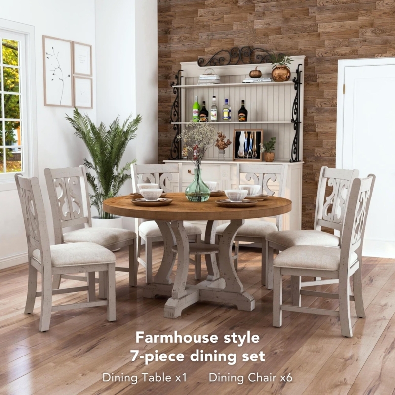 Dining Table Set 7-Piece Round Whitewashed Scroll Back Chairs